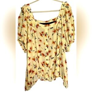 MAURICES Yellow/Brown/Green/White Floral Peasant Style Top, Size 26/28W, GUC.
